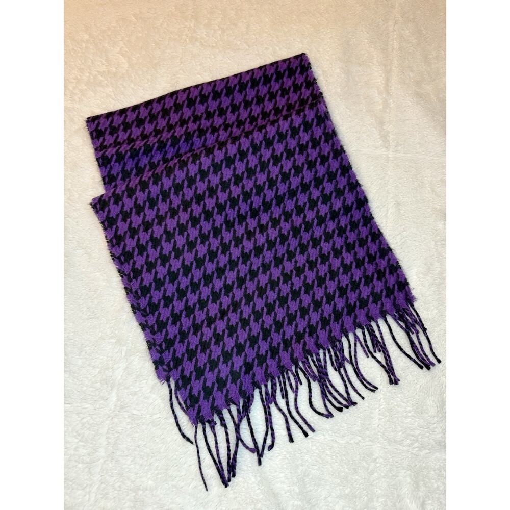 100% Cashmere Scarf Black & Purple Herringbone Fringed Hand Tailored in Germany